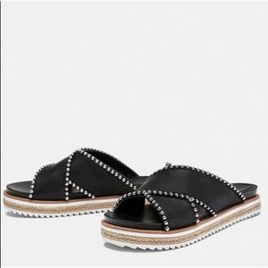 NWT Zara Black Beaded Criss Cross Flatform Slides